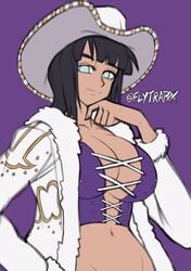 1girls belly_button big_breasts black_hair blue_eyes breasts bustier corset cowboy_hat female female_only flytrapxx fully_clothed fur_coat large_breasts long_hair looking_at_viewer miss_all_sunday navel nico_robin one_piece pre-timeskip shounen_jump slim solo