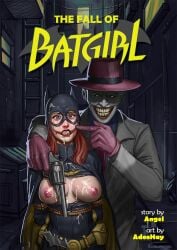 1boy adoohay arms_behind_back artist_name batgirl batman_(series) belt black_cape bound bound_arms breasts brown_gloves brown_headwear cape comic_cover cum dc_comics english_text facial female gloves glowing glowing_eyes grey_jacket grin gun handgun highres holding holding_gun holding_weapon jacket joker large_breasts lipstick makeup mask nipples pointing pointing_at_another pointy_ears rape rope shirt smile tears teeth torn_clothes torn_shirt two-tone_cape weapon yellow_belt yellow_cape