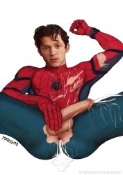 ass asshole big_penis celebrity costume cum_everywhere cum_in_ass cum_in_hair cum_on_body cum_on_face holding_penis male_only marcomo marvel marvel_cinematic_universe peter_parker puckered_butthole ripped_costume shooting_cum spider-man spider-man_(tom_holland) squirting_cum tom_holland