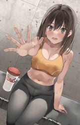 bare_arms blush breasts brown_hair cleavage commentary_request female grey_eyes grey_pants hair_between_eyes hand_up highres kureha_(ironika) large_breasts looking_at_viewer midriff navel open_hand open_mouth orange_sports_bra original pants short_hair sitting solo sports_bra stomach sweat tile_wall tiles tsubasa_(kureha) tumbler yoga_pants