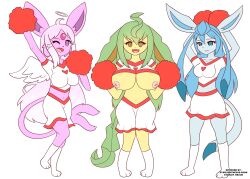 3girls ambiguous_consent arms_above_head blue_eyes blue_hair breasts breasts_out cheerleader cheerleader_costume cheerleader_outfit cheerleader_uniform cheerleaders cheerleading cheerleading_uniform espeon excited excited_expression excited_female female glaceon gold_eyes golden_eyes green_hair hair halo head_gem head_jewel hypno_eyes hypnosis hypnotic_eyes knee_high_socks knee_highs kneehigh_socks kneehighs leafeon leg_raise leg_raised legs_together legs_together_feet_apart long_hair long_hair_female long_haired_female long_socks midriff midriff_peek midriff_showing no_consent no_consent_needed pokemon pokemon_(species) pom_pom_(cheerleading) pom_poms purple_eyes questionable_consent shirt short_skirt skirt smiling smiling_at_viewer socks starletnexus starlight_nexus tight_top topwear white_shirt white_socks wings yellow_eyes