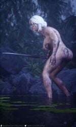 3d ass big_breasts breast ciri completely_nude dirty female light-skinned_female nude outdoors scar siliconaya solo sword tattoo the_witcher_(series) the_witcher_3:_wild_hunt white_hair