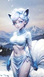 1girls ai_generated alolan_vulpix anthro big_breasts blue_eyes clothing cortezian_generations female fox_ears fox_tail gloves hi_res nintendo patreon pokemon pokemon_(species) pokephilia regional_form_(pokémon) skirt snow solo tail vulpix white_body white_hair white_skin