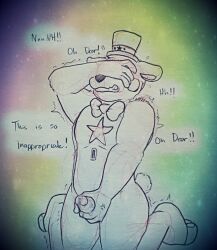 bear bowtie covering_eyes embarrassed five_nights_at_freddy's freddy_fazbear's_pizzeria_simulator fur furry hand_over_face icetigerkitten leaking_precum male male_only masturbating masturbation on_knees paws rockstar_freddy slot solo star