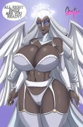 1girls 6_wings angel angel_wings armwear asking big_breasts bikini bikini_top black_lipstick bra cleavage dark-skinned_female duplicate english_dialogue feathered_wings garter_belt garter_straps ghostar glowing_halo grey-skinned_female grey_skin halo hazbin_hotel hourglass_figure huge_breasts humanoid lingerie lingerie_only long_eyelashes mature mature_female pervert purple_eyeshadow repost sera_(hazbin_hotel) smile solo speech_bubble standing stockings thick_thighs thong white_armwear white_bra white_fingernails white_garter_belt white_garter_straps white_lingerie white_nails white_stockings white_thong