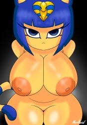 2023 animal_crossing ankha ankha_(animal_crossing) arms_behind_back big_breasts black_background blue_eyes blue_hair breasts feline female female_focus female_only furry nintendo nipples short_hair thick_thighs thighs wide_hips xenrevv yellow_fur