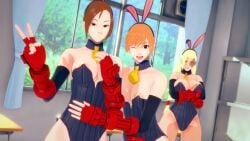 3girls breasts bunnysuit cleavage decapre_(street_fighter) dolls_(street_fighter) female female_focus juli_(street_fighter) juni_(street_fighter) kaoskatsu large_breasts multiple_girls nipples peace_sign shadaloo_dolls street_fighter street_fighter_alpha tagme thighs