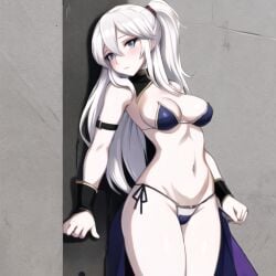 1girls big_breasts bikini blue_eyes blush cape female female_only fire_emblem fire_emblem_awakening leaning_on_wall nintendo robin_(fire_emblem) robin_(fire_emblem)_(female) solo super_smash_bros. super_smash_bros._ultimate white_hair