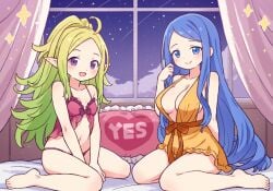 2girls :d ahoge babydoll barefoot blue_eyes blue_hair blush breasts commission curtains cute_face female female_only fire_emblem fire_emblem_awakening fire_emblem_engage green_hair highres indoors large_breasts long_hair looking_at_viewer lumera_(fire_emblem) multiple_girls navel nightgown nintendo nowi_(fire_emblem) on_bed onyhakase open_mouth panties pointy_ears purple_eyes second-party_source sitting skeb_commission small_breasts smile underwear very_long_hair wariza window yes-no_pillow