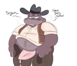 blush cowboy cowboy_hat garten_of_banban heavy_breathing non-human non-human_only overweight sheriff_toadster toad toony unbuckled_belt