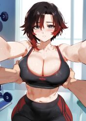 1boy 1girls ai_generated black_hair breast_grab breasts cleavage female female_focus groping gym_uniform large_breasts looking_at_viewer male male_pov midriff multicolored_hair red_hair ruby_rose rwby silver_eyes truck_kun