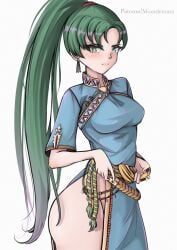 1girls ass breasts clothes_lift female female_only fire_emblem fire_emblem:_the_blazing_blade green_eyes green_hair lifted_by_self looking_at_viewer lyn_(fire_emblem) medium_breasts mourderousx nintendo no_panties ponytail solo thighs