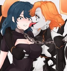 2girls bondage breasts byleth_(fire_emblem) byleth_(fire_emblem)_(female) chained chains cleavage collar female female_only femdom femsub fire_emblem fire_emblem:_three_houses groping groping_breast kronya_(fire_emblem) large_breasts licking_face molestation nintendo orange_hair pale-skinned_female pale_skin rape red_eyes serafineart1001 teal_hair