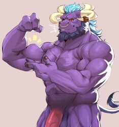 abs alistar anthro anthro_only blue_hair bovid bovine european_mythology facial_hair facial_piercing genitals greek_mythology hair hi_res horn league_of_legends lhjal2 male male_only mammal minotaur muscular muscular_anthro muscular_arms muscular_male mythology nose_piercing nose_ring nude penis piercing purple_body ring_piercing riot_games simple_background solo tail vein veiny_penis