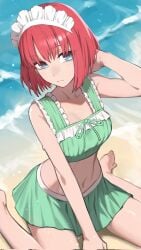 beach bikini blue_eyes chorogon commentary_request commission female frilled_bikini frills green_bikini green_skirt hand_on_own_neck highres hisui_(tsukihime) maid_headdress medium_hair navel red_hair sitting skeb_commission skirt solo swimsuit tsukihime wariza