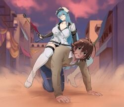 akame_ga_kill! blue_eyes blue_hair esdeath_(akame_ga_kill!) femdom ponyboy ponyplay riding_crop riding_on_back scars sitting_on_person tatsumi_(akame_ga_kill!)