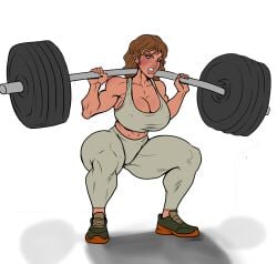 athletic_female breasts brown_hair clothed ghost gym_clothes large_breasts lasgaclaven leggings muscular_female serbia shoes sports_bra squatting tan_skin weightlifting