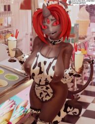 3_eyes 3_horns 3d apron bestia black_body cow_print high_heels high_thighs ice_cream ice_cream_parlor large_breasts lox_(artist) milkshake nipples painted_nails red_eyes red_hair tail the_beast_(the_binding_of_isaac) the_binding_of_isaac