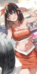 arm_up armpits bare_arms bare_shoulders black_hair blue_eyes blurry blurry_background blurry_foreground bra_strap breasts choker cowboy_shot crop_top depth_of_field female hair_ribbon highres kureha_(ironika) large_breasts long_hair looking_at_viewer midriff miniskirt navel one_eye_closed open_mouth orange_choker orange_shirt orange_skirt original race_queen ribbon shirt single_sleeve skirt sleeveless sleeveless_shirt smile solo stomach tire tsubasa_(kureha)