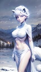 1girls ai_generated alolan_vulpix anthro big_breasts blue_eyes clothing cortezian_generations earring female fox_ears fox_tail gloves hard_nipples hi_res nintendo patreon pokemon pokemon_(species) pokephilia regional_form_(pokémon) skirt snow solo tail vulpix white_body white_hair white_skin