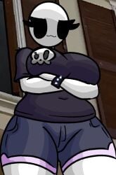 1girls :3 arms_crossed arms_crossed_under_breasts bald bald_female belly_button black_eyes black_shirt breasts chetoh claire_(chetoh) egg female female_focus female_only looking_at_viewer looking_back looking_down_at_viewer oc original original_character photo_background shorts skull_head white_body