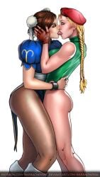 2024 2d 2d_(artwork) 2girls blonde blonde_female blonde_hair blonde_hair_female brown_hair cammy_white chun-li closed_eyes duo duo_female duo_focus eyes_closed female female/female female_on_female female_only girl_on_girl hand_on_head human kissing leotard lesbian lesbian_kiss multiple_girls pantyhose street_fighter tagme tongue_kiss tongue_on_tongue yuri