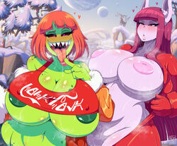 2girls alie_(androjuniarto) androjuniarto background bunny_girl coca-cola green_skin hairy_pussy inverted_nipples luna_bunn multiple_girls nudity original_character partially_clothed purple_skin pussy teasing tongue_out