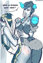 2girls ashe_(league_of_legends) league_of_legends sejuani spanking tied_hands