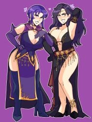 2girls adjusting_hair arm_behind_head armpits bare_legs bare_thighs beauty_mark black_hair bluueygooey boots breasts center_opening cleavage dress earrings elbow_gloves female female_only fire_emblem fire_emblem:_the_blazing_blade gloves hand_on_own_chest heart high_heels huge_breasts large_breasts legs long_hair looking_at_viewer mature mature_female mole mole_on_breast multiple_girls nintendo pelvic_curtain purple_background purple_eyes purple_hair short_hair side_slit smile sonia_(fire_emblem) thigh_boots thighs ursula_(fire_emblem) wavy_hair wide_hips yellow_eyes