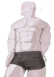 abs absurd_res animate_inanimate anthro bara blush bodily_fluids bulge bulge_through_clothing clothed clothing digital_media_(artwork) embarrassed faceless faceless_male front_view glistening glistening_body hi_res kogito looking_away low-angle_view male male_only mannequin muscular muscular_male navel nervous pectorals posing shy simple_background solo solo_male sweat sweatdrop sweating underwear underwear_only white_body