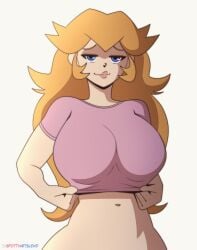 1girls animated areolae big_breasts blonde_hair bouncing_breasts breasts busty female female_only hi_res large_breasts long_hair mario_(series) navel nintendo nipples partially_clothed princess_peach shirt_lift shirt_up smile solo spotty_arts uncensored undressing white_background