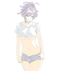 1girls anime_style belly_button big_breasts breasts crop_top female female_only jigokuraku jorts mi_(artist) midriff mitsugu navel purple_hair shirt shirt_up short_shorts shorts skimpy skimpy_clothes solo underboob white_background yuzuriha_(jigokuraku)