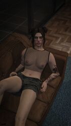 breasts brown_hair couch fishnet fishnet_shirt glasses grand_theft_auto grand_theft_auto_online grand_theft_auto_v green_eyes laying_down leaning_back leaning_on_elbow lilith_fulker nipples nipples_visible_through_clothing nopixel nullinvoid panties see-through see-through_clothing tattoo tattoo_on_back tattooed_arm tattoos thotiana whale_tail