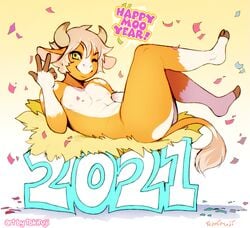 2021 2_horns anthro ass big_butt bovid bovine cattle confetti english_text fur genitals gesture girly glans gradient_background green_eyes grey_hair hair hay horn humanoid_genitalia humanoid_penis ice_cream_(character) legs_up looking_at_viewer lying male male_only mammal on_back one_eye_closed orange_body orange_fur penis pink_glans simple_background smile solo tan_hair tan_horns tan_inner_ear text tokifuji v_sign white_background white_body white_fur white_penis year_of_the_ox yellow_background