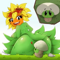 ass big_butt blonde_female blonde_hair blush blush_lines blushing_at_viewer butt_shadow button_mushroom_(pvz) elpibeaxolote female_focus giant_ass grass grass_field green_skin looking_at_viewer looking_back mushroom naked naked_female open_mouth open_smile plant_girl plantie plants_vs_zombies plants_vs_zombies:_heroes red_goggles simple_background sitting smile smiley_face solar_flare_(pvz) sunflower teeth_showing