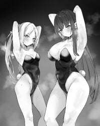 2girls big_breasts bunny_ears bunnysuit female female_only fern_(sousou_no_frieren) frieren monochrome multiple_girls pixy1234567891 small_breasts sousou_no_frieren thick_thighs