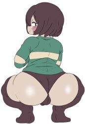 1boy ass balls bedroom_eyes big_ass brown_hair chara femboy girly huge_ass human looking_back male pink_cheeks red_eyes shorts sketchssketchs smile squatting striped_clothing thighhighs toby_fox undertale undertale_(series) video_games white_background