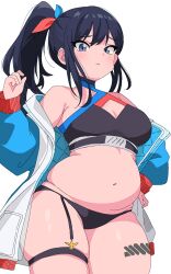 :( chubby fat huge_thighs large_belly looking_down medium_breasts official_alternate_costume plump skindentation ssss.gridman takarada_rikka thick_thighs thigh_strap weight_gain wide_hips worried