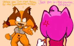 amy_rose amy_rose_(boom) bodily_fluids brown_body brown_fur clothed clothing duo female fur genitals gesture hand_gesture hi_res multicolored_body multicolored_fur no_underwear oiamoeyh orange_body orange_fur pink_body pink_fur pointing pointing_at_another pussy sega sonic_(series) sonic_boom sonic_the_hedgehog_(series) sticks_the_badger sticks_the_jungle_badger upskirt yelling