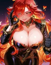 ai_generated areola_slip biker_clothes bodysuit choker cleavage earrings fellatio_gesture genshin_impact huge_breasts imminent_sex large_breasts long_hair mavuika_(genshin_impact) milf red_hair sex_invitation spoken_heart stable_diffusion symbol-shaped_pupils tall_female taller_girl thick_thighs thumbs_up tongue_out wide_hips