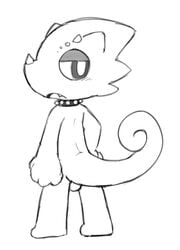 1boy animal_crossing anthro backsack balls blush chameleon collar curled_tail flick_(animal_crossing) genitals horn lizard looking_back male male_only monochrome nintendo oob open_mouth reptile scalie solo spikes standing video_games