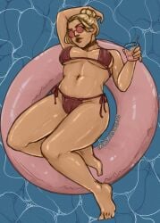 bikini chubby dbd dead_by_daylight floatie floating hair_bun jane_romero plus_size pool pool_float relaxing sunglasses wet_skin worsenworse