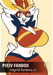 2d anthro belly_button breasts bunny_ears bunny_girl bunny_tail cameltoe cinderace english_text eyeshadow female female_focus female_only hands_behind_head large_breasts long_eyelashes midriff nintendo orange_eyes pokémon_(species) pokemon pokemon_ss red_eyeshadow snow_angel_(artist) text thick_thighs yellow_background