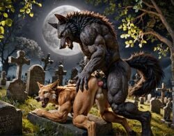 ai_generated anal anal_sex anal_sex canine couple duo from_behind gay graveyard knotted knotting looking_pleasured male_on_male muscular_male orgasm realistic rear_view tied werewolf wolf