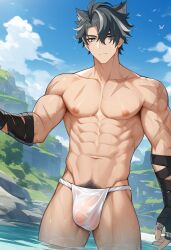 1boy abs ai_generated ai_golden_map arm_behind_head armpit_hair armpits arms_behind_head arms_up balls bara bare_shoulders biceps big_balls big_bulge big_muscles big_penis black_hair blue_eyes bracelet bracelets completely_nude fluffy_hair fundoshi gay gay_male genshin_impact grey_hair hairy_armpits highlights_(coloring) large_breasts large_pectorals male male_focus male_nipples male_only male_pubic_hair muscle muscular muscular_male muscular_thighs nude pecs pectorals penis pubic_hair scar shirt solo solo_male spread_legs sweat t-shirt testicles triceps uncensored water wet wriothesley_(genshin_impact) yaoi