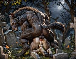 ai_generated anal anal_sex anal_sex canine couple duo from_behind from_behind_position gay graveyard looking_back looking_pleasured male_on_male muscular_male realistic rear_view werewolf wolf