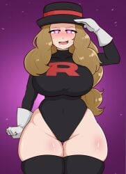 1girls breasts brown_hair drevod enemy_conversion female female_only high_resolution hypnosis large_breasts looking_at_viewer nintendo pokemon salute serena_(pokemon) serena_(pokemon_games) solo team_rocket thighhighs thighs very_high_resolution wide_hips