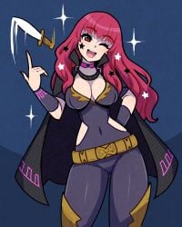 1girls akairiot black_cape bodysuit breasts cape choker cleavage clothing_cutout covered_navel facial_mark female fire_emblem fire_emblem_engage hair_ornament highres knife large_breasts long_hair looking_at_viewer nintendo one_eye_closed open_mouth red_eyes red_hair simple_background smile solo star_(symbol) star_facial_mark star_hair_ornament thighs throwing_knife weapon yunaka_(fire_emblem)