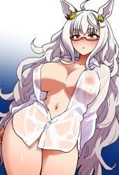 ai_generated animal_ears biwa_hayahide_(umamusume) breasts curled_hair female horse_girl long_hair shirt_only umamusume umamusume_pretty_derby white_hair yellow_eyes