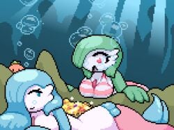 big_breasts breasts bubbles female gardevoir mermaid mermaid_tail nami_(okami_tomato) okami_tomato pink_bikini pixel_art pokemon pokemon_(species) seabed shiny_pokemon striped_bikini tomato_(okami_tomato) topless treasure underwater